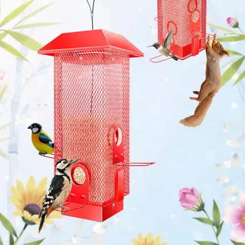 YLTIMER red weight-activated squirrel-proof bird feeder with a clear seed window.