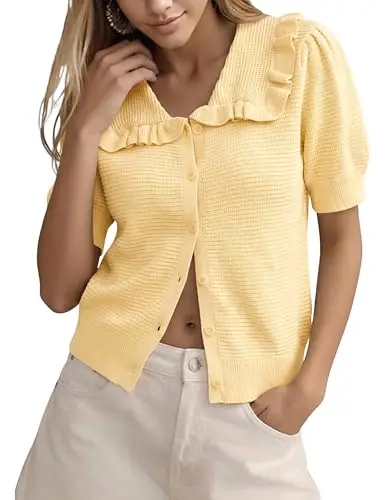 Watashi Women's Short Sleeve Sweater with ruffle collar and puff sleeves in yellow
