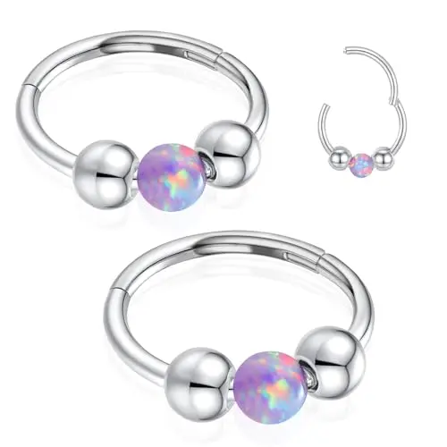 WYR Purple Opal Nose Rings with Surgical Steel Hinged Hoops