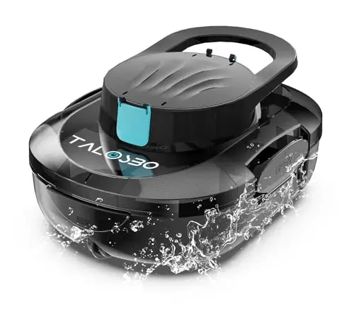 TALOSBO S1 PRO black robotic pool vacuum with dual motors on a pool deck