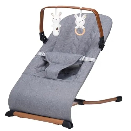 Portable baby bouncer with wooden toy bar in gray