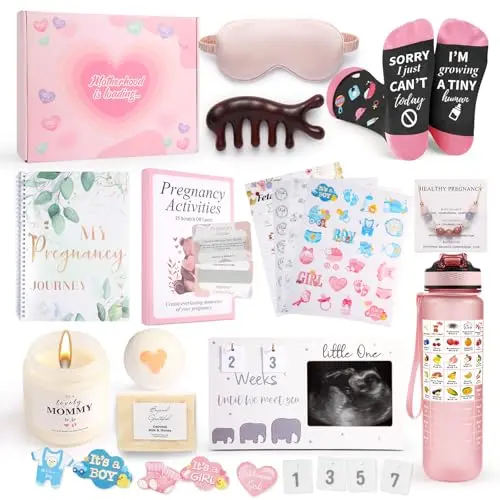 FNETDY pregnancy gift basket with multiple items like socks, journal, candle, and bath products for expecting moms