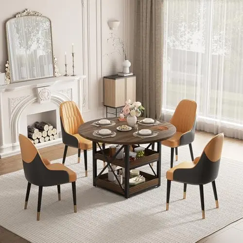 XINNQEE round dining table set with four PU leather chairs and two-tier storage shelves