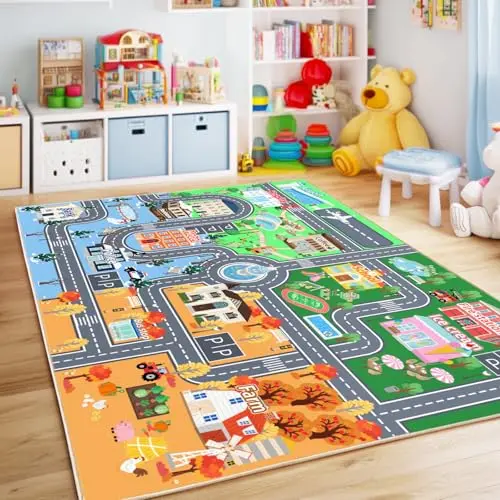 Bolacrom car rug with a four seasons theme showing spring, summer, fall, and winter cityscapes
