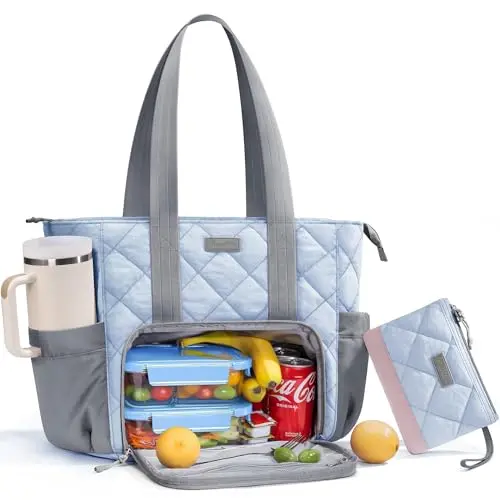 Bagstellar blue, pink, and grey puffer quilted tote bag with large side cup holder