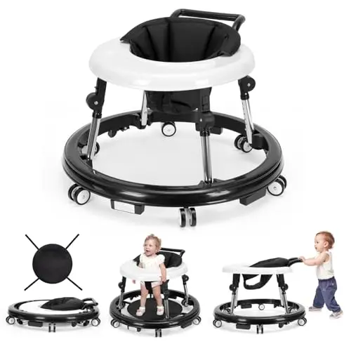 Pvauert foldable baby walker in black, highlighting its multiple height adjustment points.