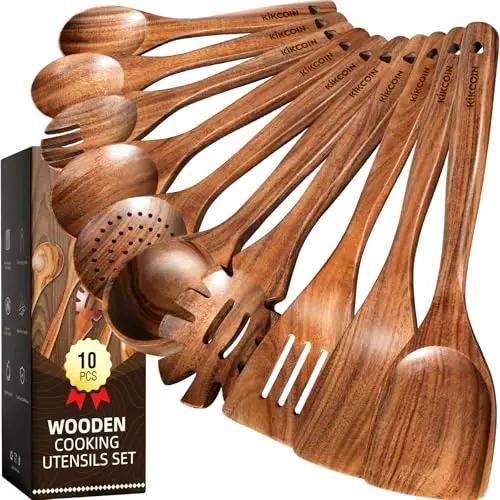 Kikcoin teak wooden utensil set with long handles