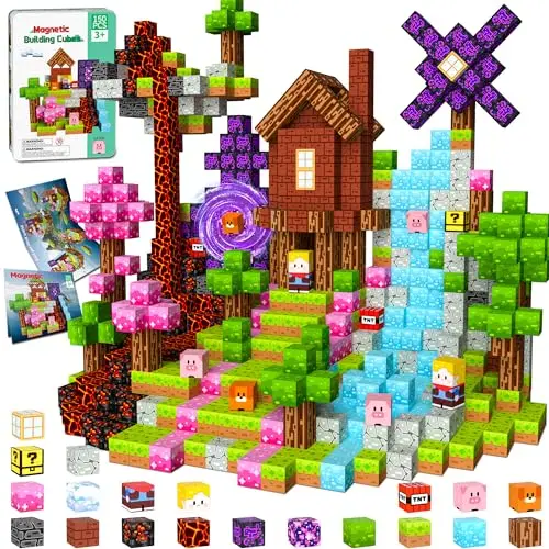 OUGUI magnetic building blocks in assorted colors forming 3D pixel-art models
