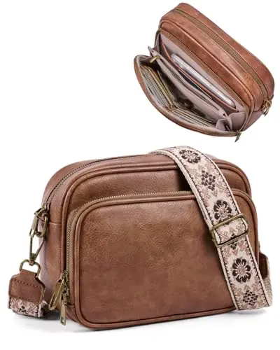 Vegan leather crossbody bag with a wide opening showing built-in wallet
