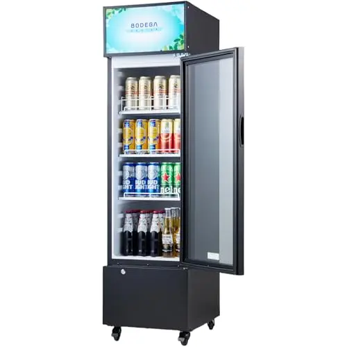 BODEGA small commercial beverage refrigerator with a single glass door and light box.