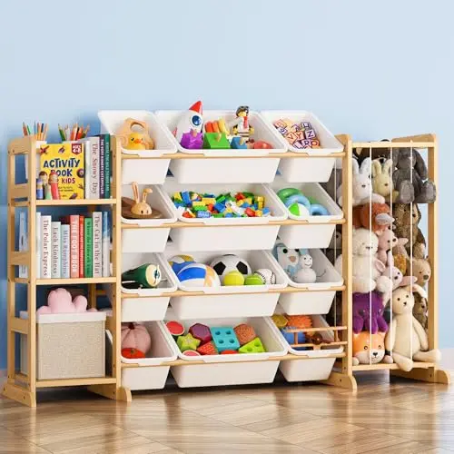 Tall, white wooden toy organizer with shelves, 12 colored bins, and side storage nets
