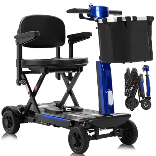 Ecomobi MS02-F blue foldable mobility scooter shown in folded and unfolded positions