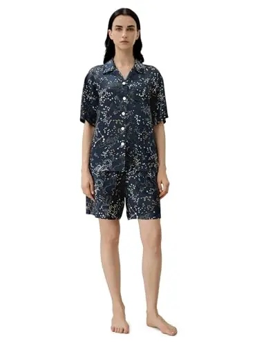 LilySilk women's silk pajama set with zodiac constellation pattern and short sleeves