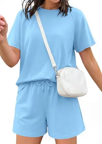 PRETTYGARDEN Women's Short Sleeve Lounge Set in Light Blue