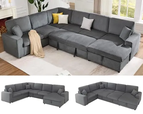 Jocisland grey U-shaped sleeper sectional sofa with pull-out bed and storage chaise in a spacious room