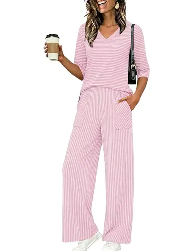LOMON Two-Piece Pajama Set in stripe-pink color