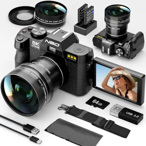 NBD 8K camera with flip screen and lens hood