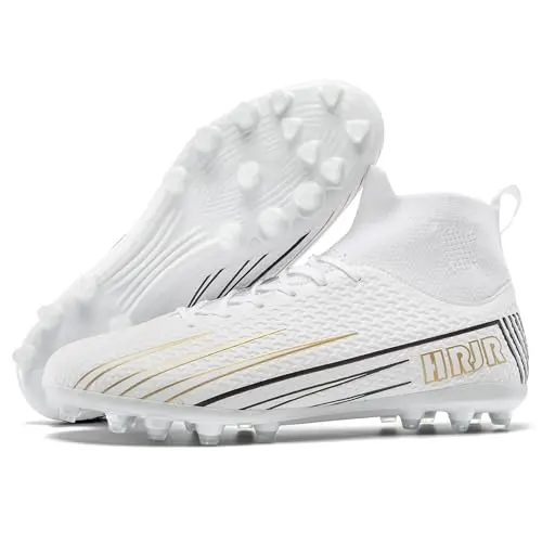 TUGONVAC white high-top youth soccer cleats with elastic collar