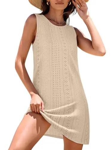 ANRABESS eyelet sleeveless cover-up in apricot with crew neck