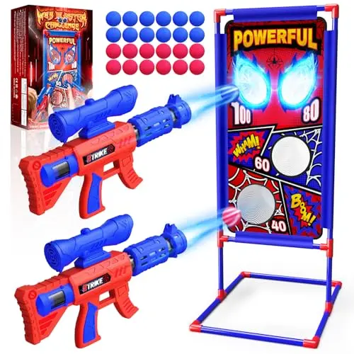 Red and blue hero-style shooting game with target and two air pump launchers