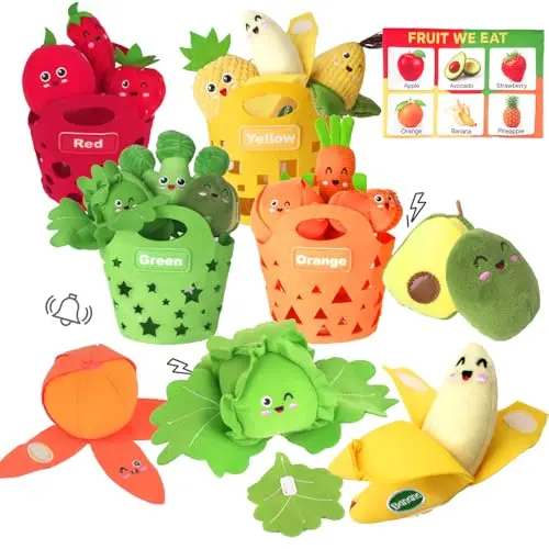 WOWOHAGE set of plush fruit and vegetable baby toys with sorting baskets