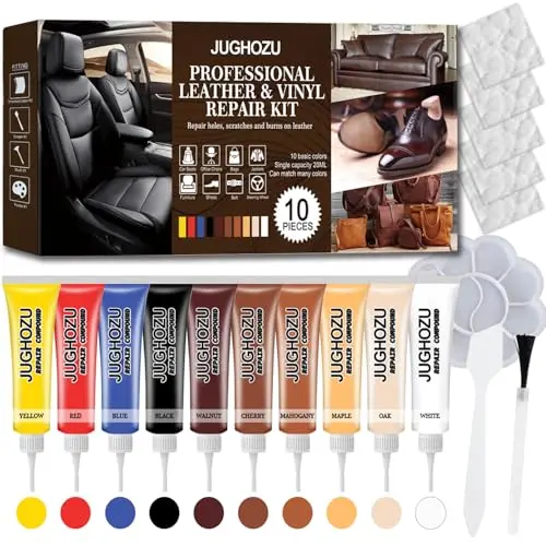 Jughozu Leather Repair Kit box open showing color compounds, tools, and lychee leather filler