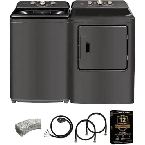 Midea 4.1 cu ft top load washer and 6.7 cu ft electric dryer pair in gray