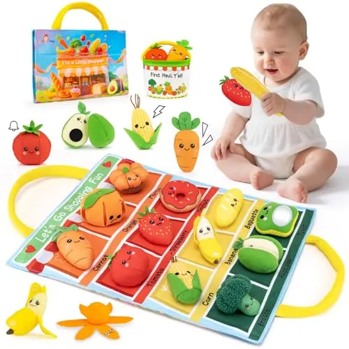 JoySpark Toys Montessori shopping set with fabric play food in a tote bag