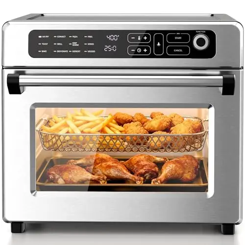 Kismile 25QT air fryer toaster oven combo in silver with accessories