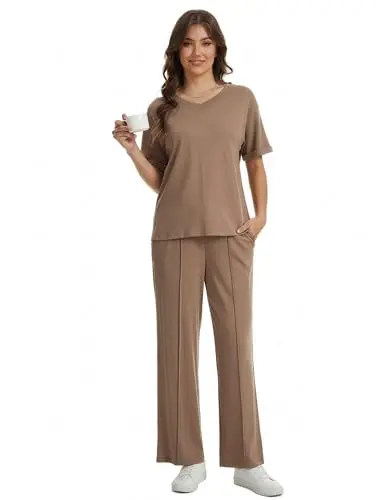 GYS bamboo viscose and cotton lounge set with v-neck tee and straight-leg pants in taupe