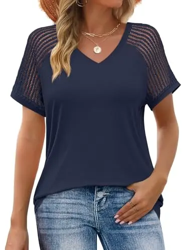 JUSTFASHIONNOW Short Sleeve V Neck Top with crochet sleeves in Navy Blue