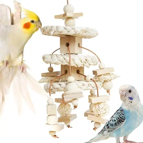 Vildroohowl natural bird toy made of corn husk, wood, and leather