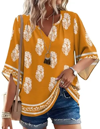 LOMON Boho Top in orange with boho paisley print and 3/4 sleeves