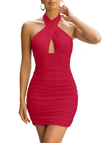 REORIA halter sleeveless mini dress with criss-cross straps