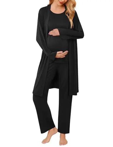 Ekouaer 3-piece maternity pajama set with a sleeveless nursing top, robe, and adjustable pants