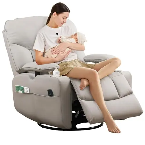 SUNWAVE grey power nursery rocking chair with corduroy and PU leather mixed fabric