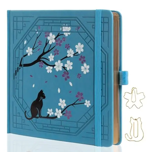 Tiefossi Square Dotted Journal with cat and cherry blossom cover, showing gold edges and square shape.