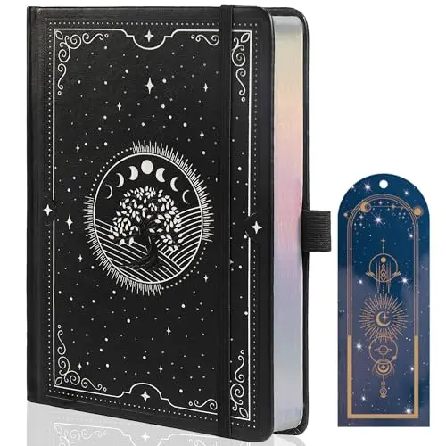 Tiefossi Tree of Life Journal with silver-foil tree and moon pattern on black cover, showing A5 size.