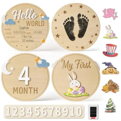 Baby Noah Milestone Sign Set showing wooden boards with acrylic numbers and accessories