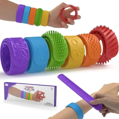 Pack of six colorful silicone slap bracelets with different textures