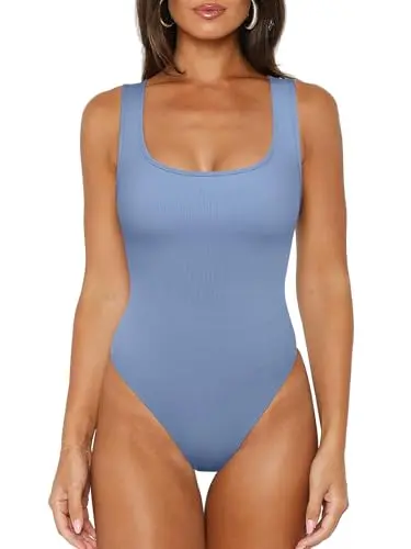 REORIA ribbed scoop neck bodysuit in blue