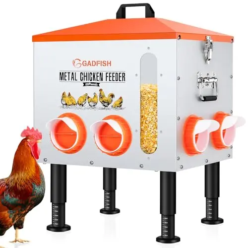 GADFISH 55-pound metal automatic chicken feeder with clear viewing window and adjustable legs