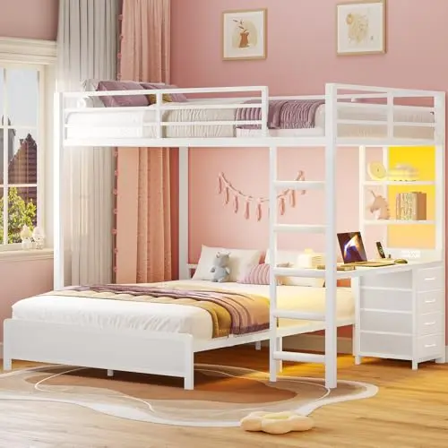 ADORNEVE white full over full bunk bed with an integrated side desk, drawers, and LED lights.