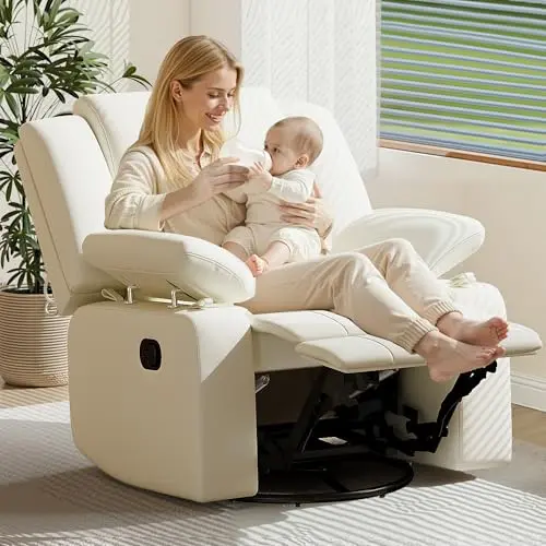 AILEEKISS beige upholstered swivel recliner glider chair for nursery