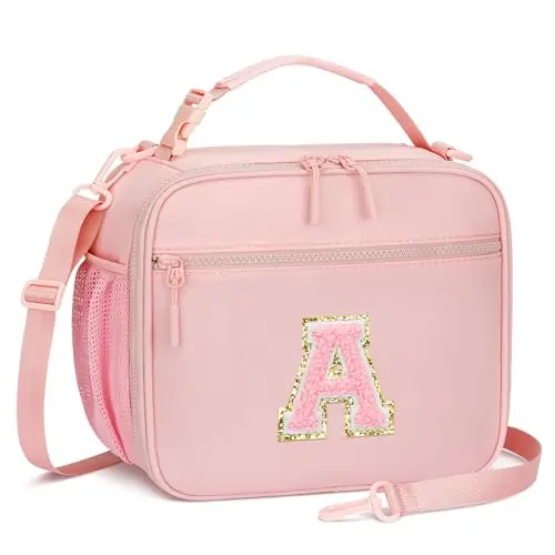 CLOUDWINGS Pink Initial Monogram Insulated Lunch Bag for girls