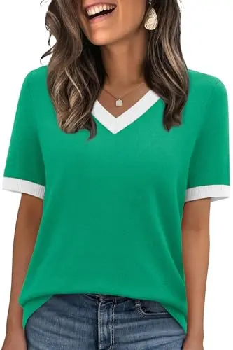 WIHOLL Colorblock V-Neck Sweater in green with ribbed hem