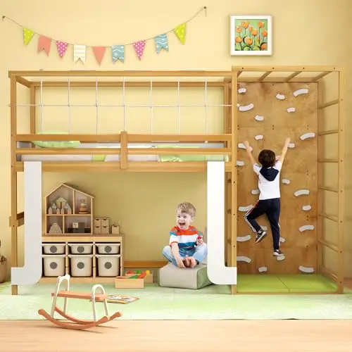 Giantex natural wood twin bunk bed with integrated climbing ladder, rock wall, and monkey bars