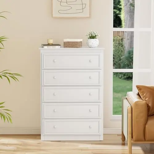 KSOBEBVT tall white five-drawer chest of drawers for bedroom