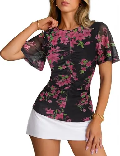 Merokeety Women's Mesh Floral Top with ruched front and bell sleeves in black