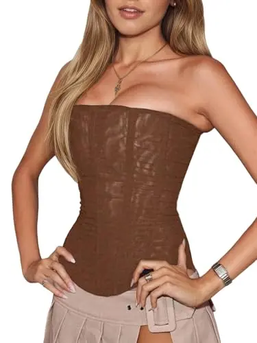 MakeMeChic Women's Mesh Strapless Bustier Corset in brown